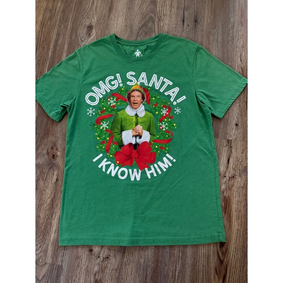 Mens Christmas ELF T-Shirt Size Large Green OMG SANTA! - Picture 1 of 5